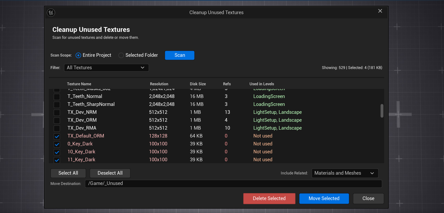 Cleanup Unused Textures Dialog