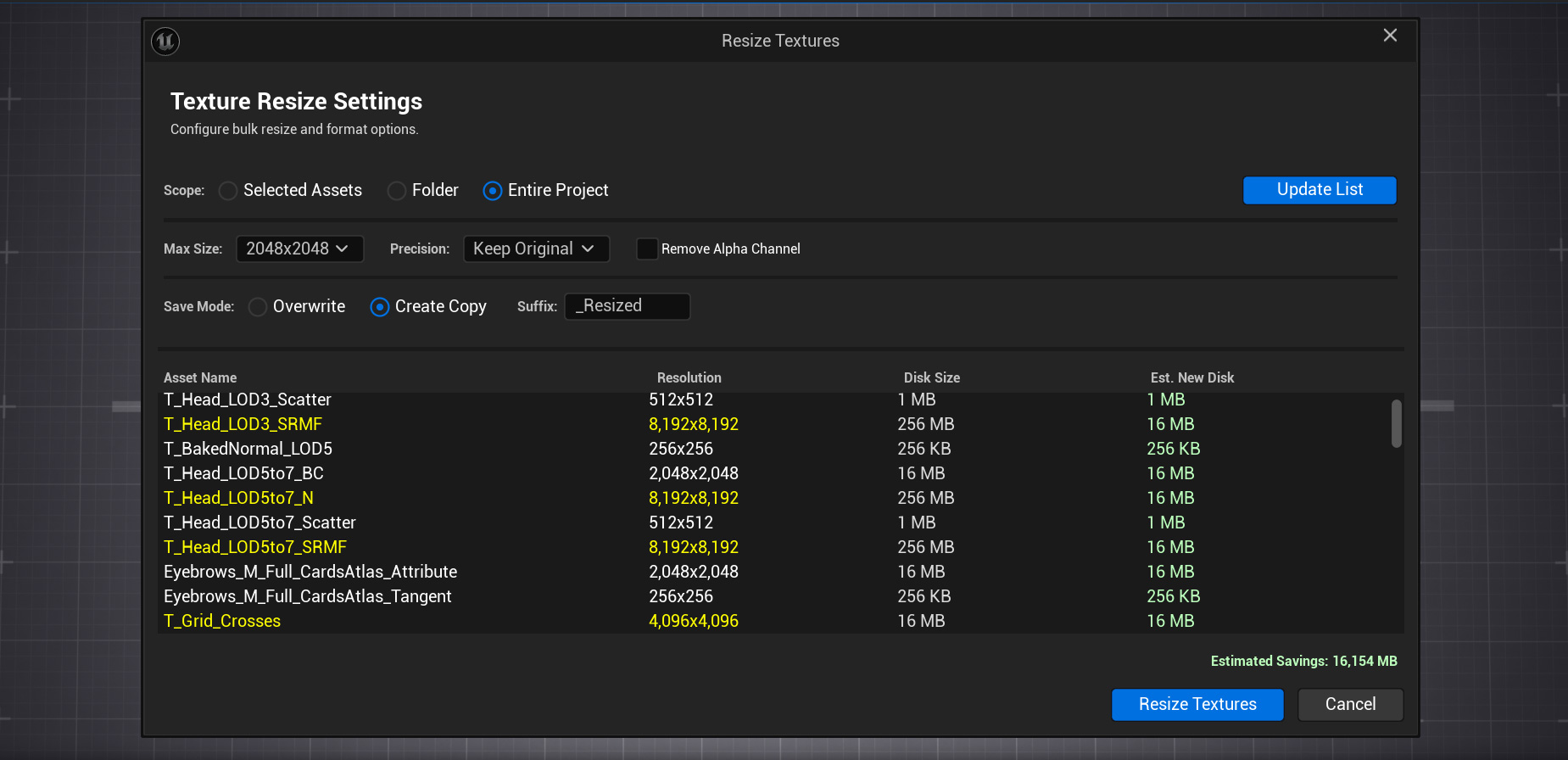 Resize Textures Dialog
